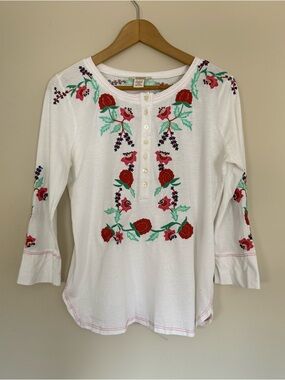 sundance White Cotton Long Sleeve Henley with Red Colorful Floral Embroidery S